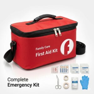 Family Care first aid kit for home and office emergency use complete first aid kit box with medical supplies Family Care Best first aid kit in Pakistan for home safety, Family Care emergency medical kit with bandages, gauze, scissors, Family Care Family Care first aid kit packaging and contents overview