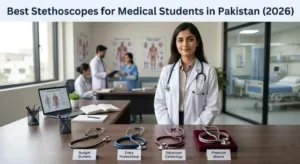Medical student using a stethoscope in a hospital ward in Pakistan