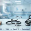 Evolution of the stethoscope from René Laennec's wooden design to modern Littmann Classic III, Cardiology IV, and CORE Digital stethoscopes.