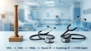 Evolution of the stethoscope from René Laennec's wooden design to modern Littmann Classic III, Cardiology IV, and CORE Digital stethoscopes.