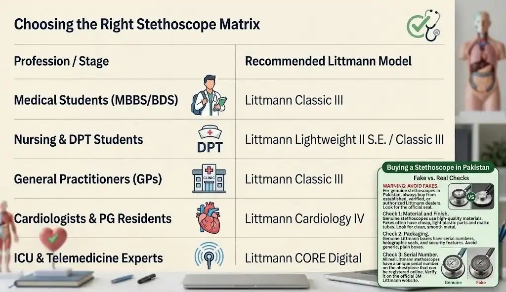 Evolution of the stethoscope from René Laennec's wooden design to modern Littmann Classic III, Cardiology IV, and CORE Digital stethoscopes.