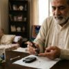 Pakistani family member checking blood sugar at home with a glucometer