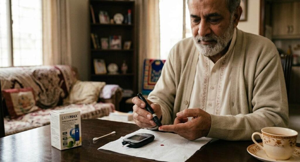 Pakistani family member checking blood sugar at home with a glucometer