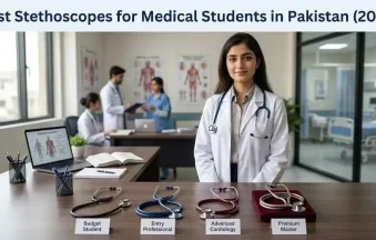 Medical student using a stethoscope in a hospital ward in Pakistan