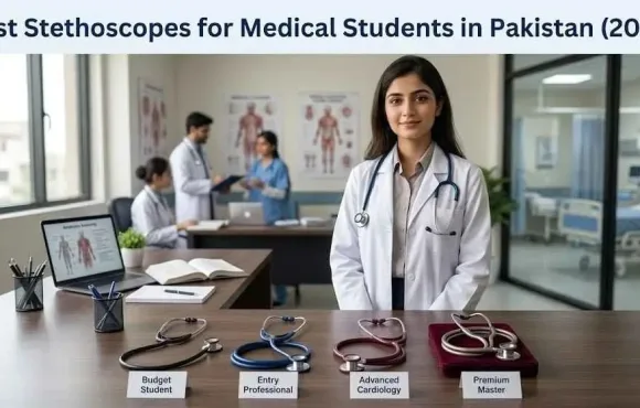 Medical student using a stethoscope in a hospital ward in Pakistan