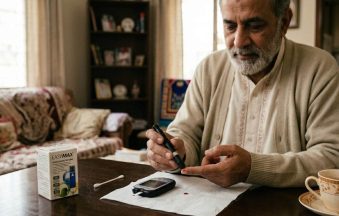 Pakistani family member checking blood sugar at home with a glucometer