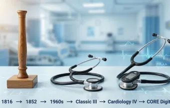 Evolution of the stethoscope from René Laennec's wooden design to modern Littmann Classic III, Cardiology IV, and CORE Digital stethoscopes.